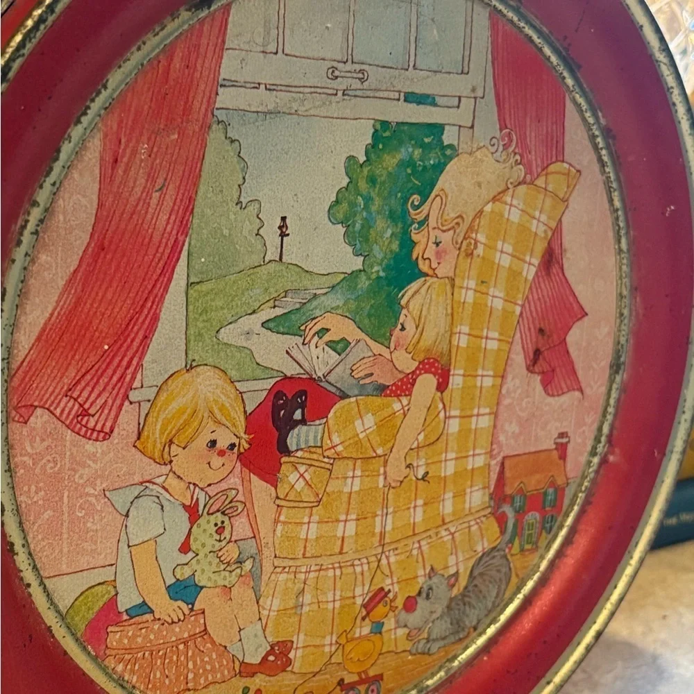 Vintage original Round Metal Tin mom with kid nursery Storage Container
